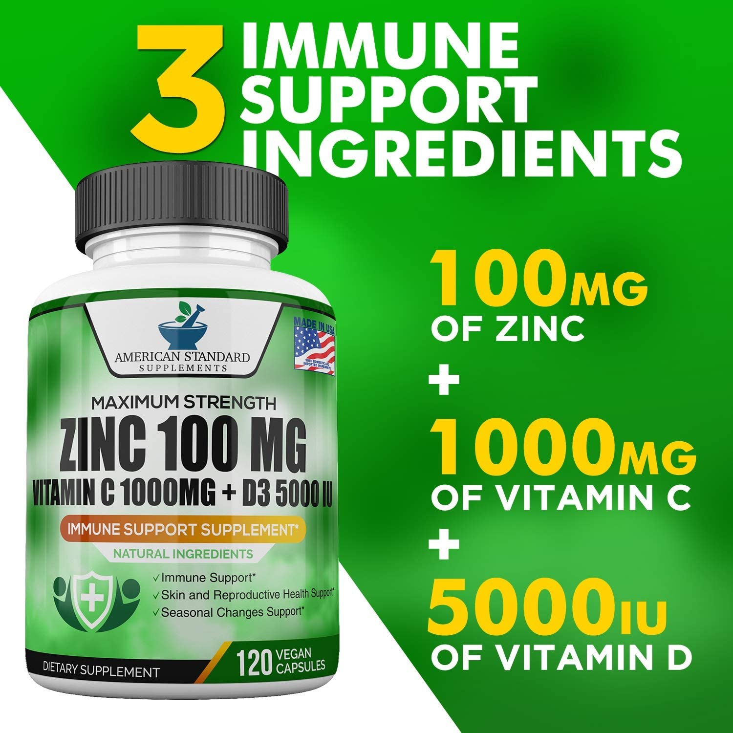 Zinc 100Mg, Vitamin C 1000Mg, Vitamin D 5000IU per Serving, Immune Support for Adults Kids, Immune System Booster Supplements, Non GMO, No Filler, No Stearate, 120 Vegan Capsules, 60 Day Supply