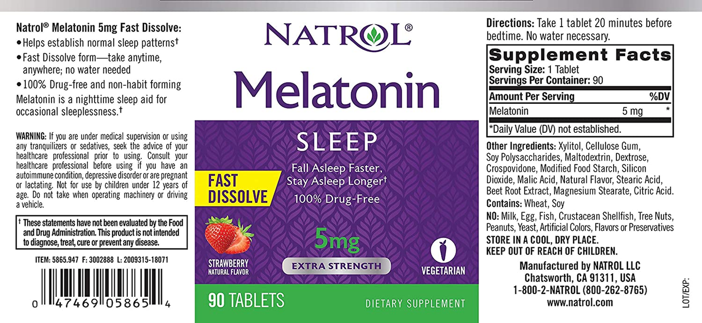 Melatonin Fast Dissolve Tablets, Helps You Fall Asleep Faster, Stay Asleep Longer, Easy to Take, Dissolves in Mouth, Strengthen Immune System, Strawberry Flavor, 5Mg, 90 Count