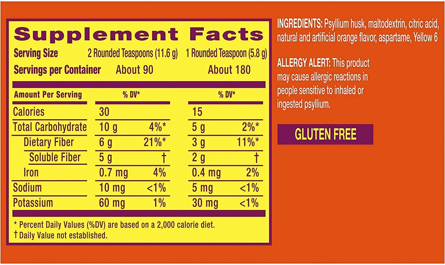 Sugar-Free Fiber Supplement, 180 Servings, 4-In-1 Psyllium Husk Powder, Orange Smooth Sugar Free, 36.8 Ounce, 2.3 Pound (Pack of 1)