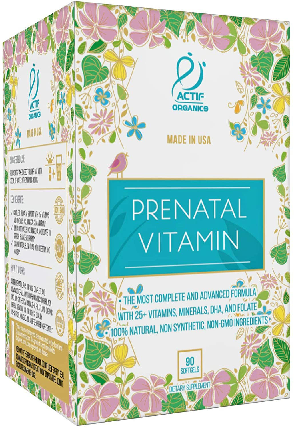 Organic Prenatal Vitamin with 25+ Organic Vitamins, 100% Natural, DHA, EPA, Omega 3, and Organic Herbal Blend - Non-Gmo, 90 Count