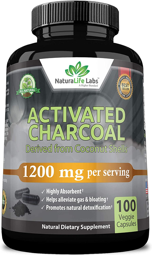 Activated Charcoal Capsules - 1,200 Mg Highly Absorbent Helps Alleviate Gas & Bloating Promotes Natural Detoxification Derived from Coconut Shells - per Serving - 100 Vegan Capsules