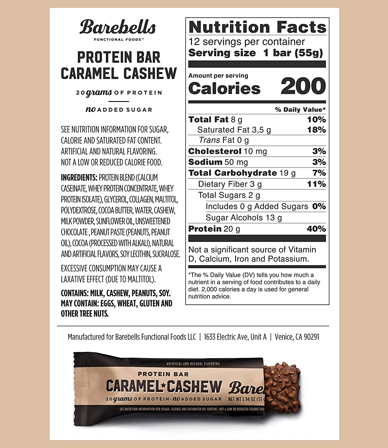 Protein Bars Caramel Cashew - 12 Count, 1.9Oz Bars - Protein Snacks with 20G of High Protein - Low Carb Protein Bar with No Added Sugar - Perfect on the Go Low Carb Snack & Breakfast Bars