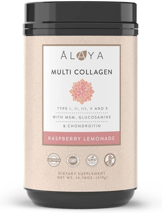 Alaya Multi Collagen Powder - Type I, II, III, V, X Hydrolyzed Collagen Peptides Protein Powder Supplement with MSM + GC (Raspberry Lemonade)