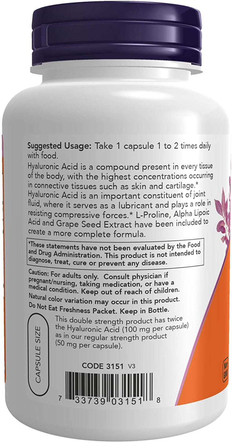 Supplements, Hyaluronic Acid 100 Mg, Double Strength with L-Proline, Alpha Lipoic Acid and Grape Seed Extract, 120 Veg Capsules