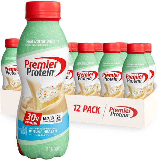 Premier Protein Shake, Cake Batter Delight, 30 G Protein, 1 G Sugar, 24 Vitamins & Minerals, Nutrients to Support Immune Health, Cream, 11.5 Fl Oz, Pack of 12