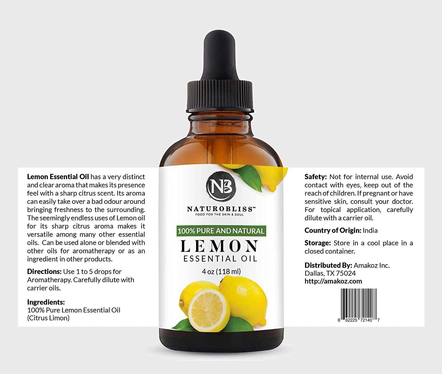 Naturobliss 100% Pure Lemon Essential Oil Therapeutic Grade Premium Quality (4 Fl. Oz) with Glass Dropper, Perfect for Aromatherapy