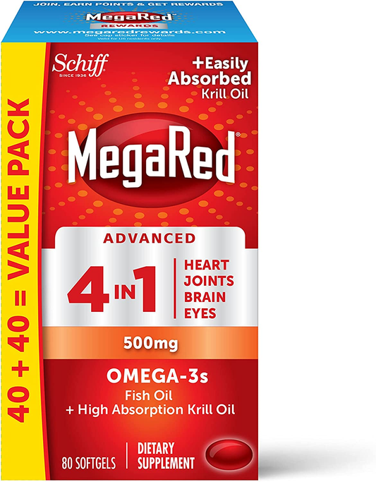 Omega 3 Fish Oil & Antarctic Krill Oil Softgels for Brain, Heart, Joints & Eye Support,  (80 Count Bottle), Concentrated Omega 3 Fatty Acid Supplement with EPA, DHA, Phospholipids