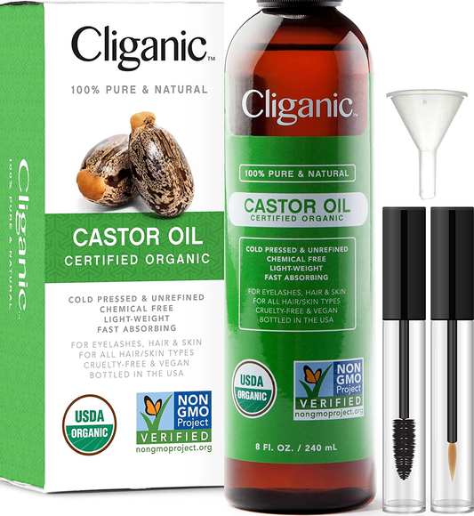 USDA Organic Castor Oil, 100% Pure (8Oz with Eyelash Kit) - for Eyelashes, Eyebrows, Hair & Skin | Natural Cold Pressed Unrefined Hexane-Free | DIY Carrier Oil |  90 Days Warranty