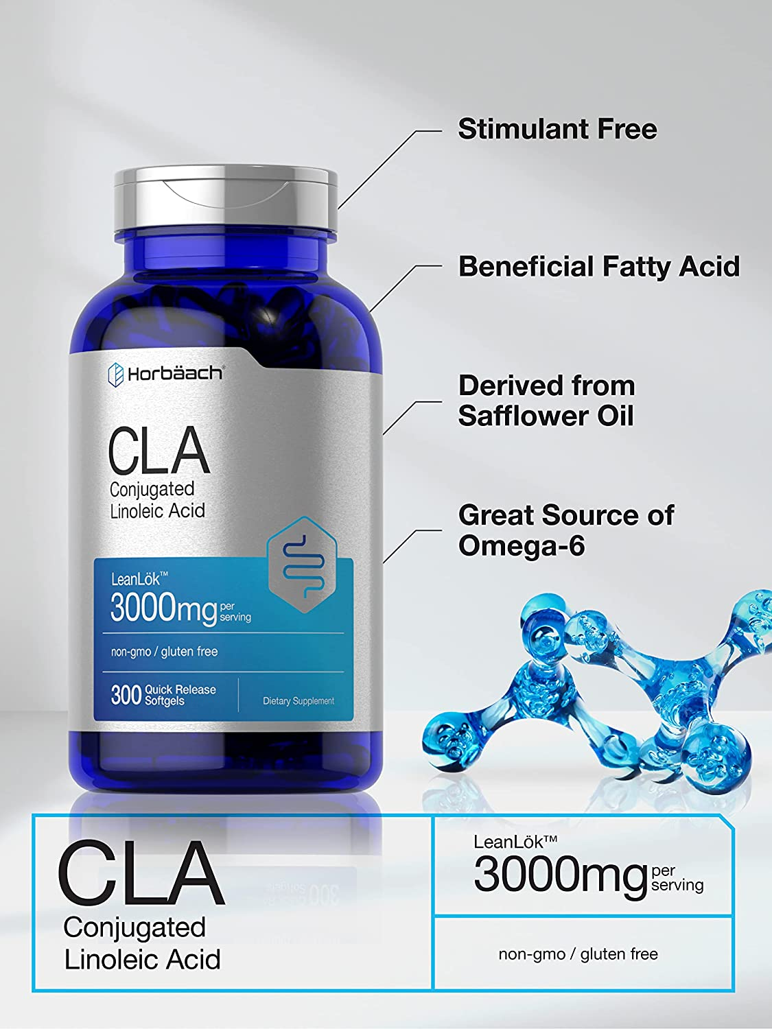 CLA 3000 Mg | 300 Softgel Pills | Maximum Potency | Conjugated Lineolic Acid from Safflower Oil | Non-Gmo, Gluten Free | by Horbaach