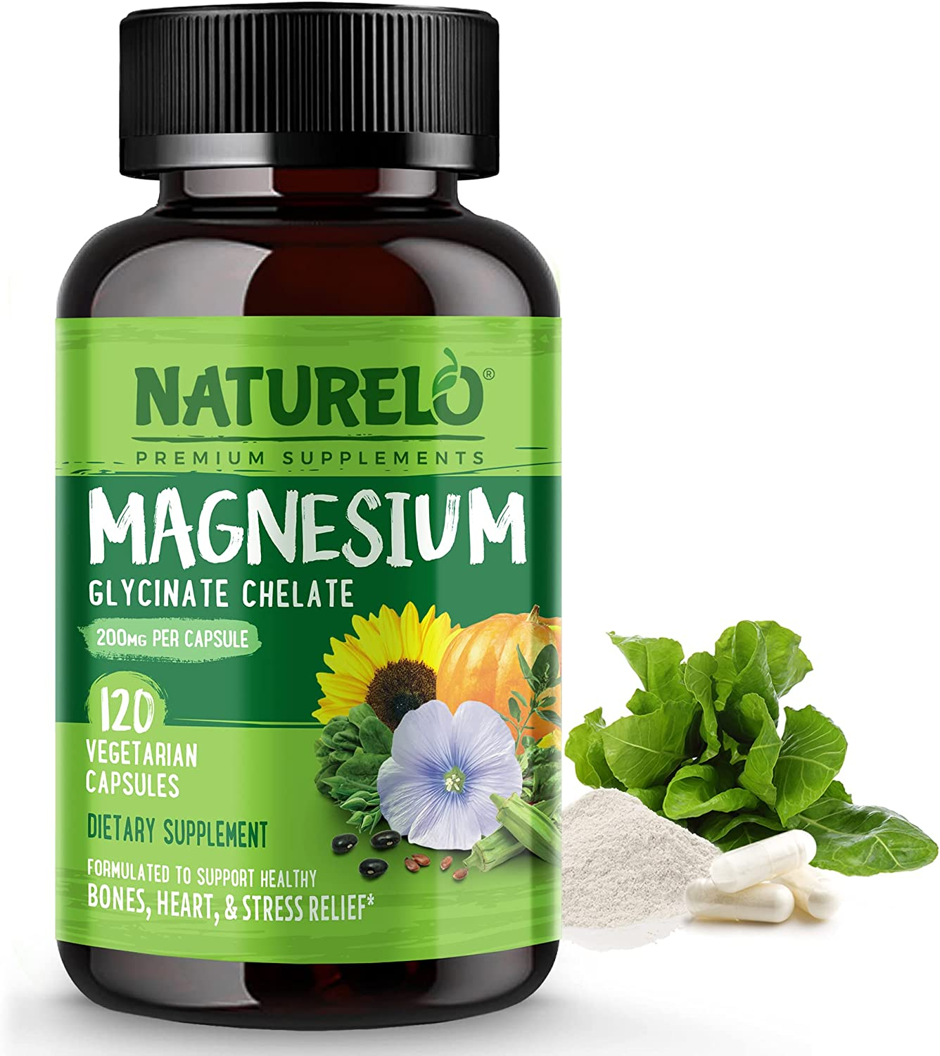 Magnesium Glycinate Supplement - 200 Mg Glycinate Chelate with Organic Vegetables to Support Sleep, Calm, Muscle Cramp & Stress Relief – Gluten Free, Non GMO - 120 Capsules