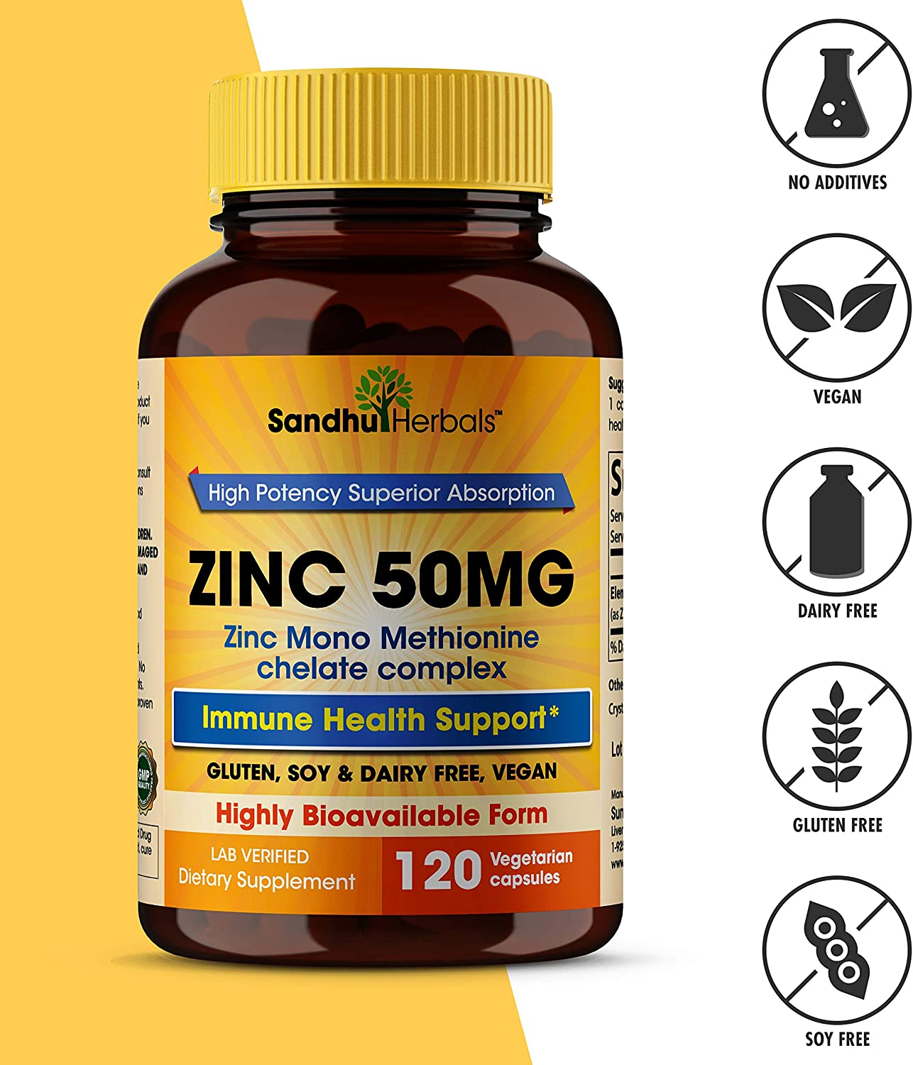 Zinc 50Mg Supplement 120 Vegetarian Capsules, Zinc Highly Absorbable Supplements for Immune Support System, Gluten Free Zinc Supplement