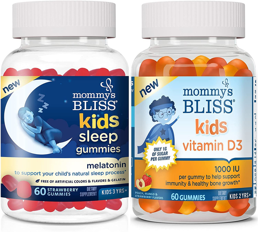 Kids Sleep Melatonin Gummies (Pack of 1) and Kids Vitamin D3 Gummies (Pack of 1), 60 Gummies Each), Support Immunity at Day and Restful Sleep at Night