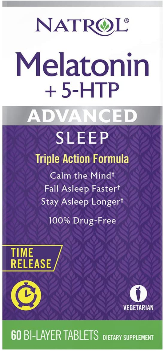 Melatonin + 5 HTP Advanced Sleep Time Release Bi-Layer Tablets, Triple-Action Formula, Calm the Mind, Helps You Fall Asleep Faster, Stay Asleep Longer, 100% Drug-Free, 6Mg, 60 Count