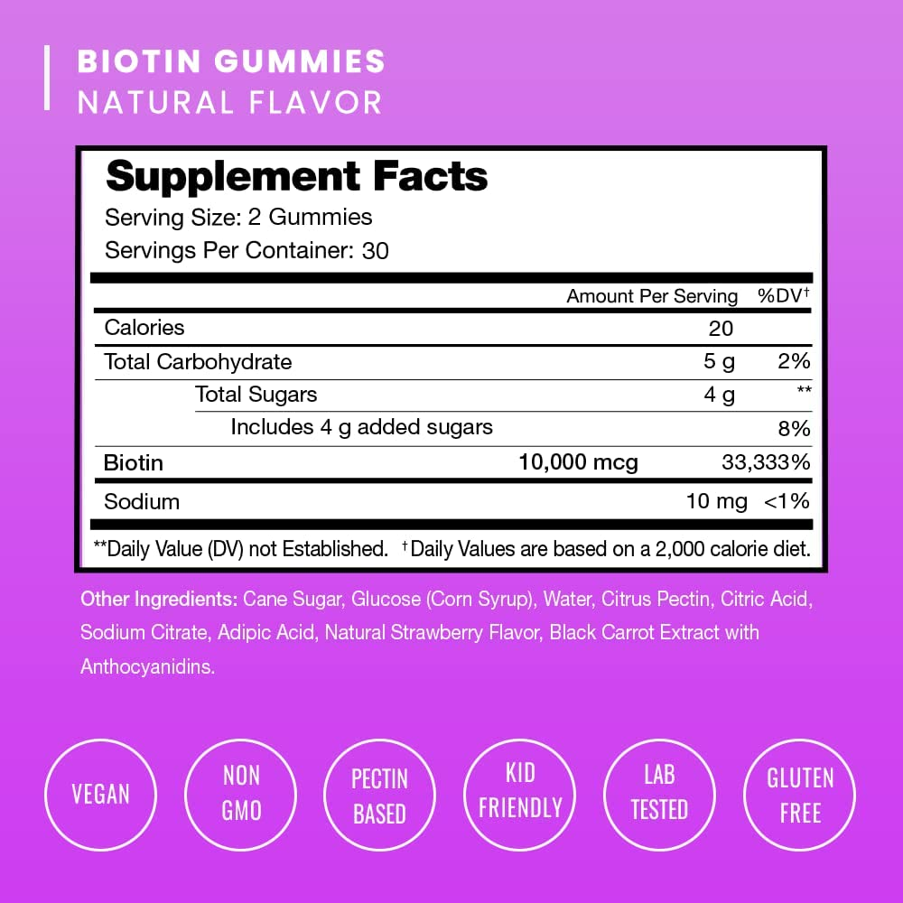 Biotin Gummies 10000Mcg [Highest Potency] for Healthy Hair, Skin & Nails Vitamins for Women, Men & Kids - 5000Mcg in Each Hair Vitamins Gummy - Vegan, Non-Gmo, Hair Growth Supplement