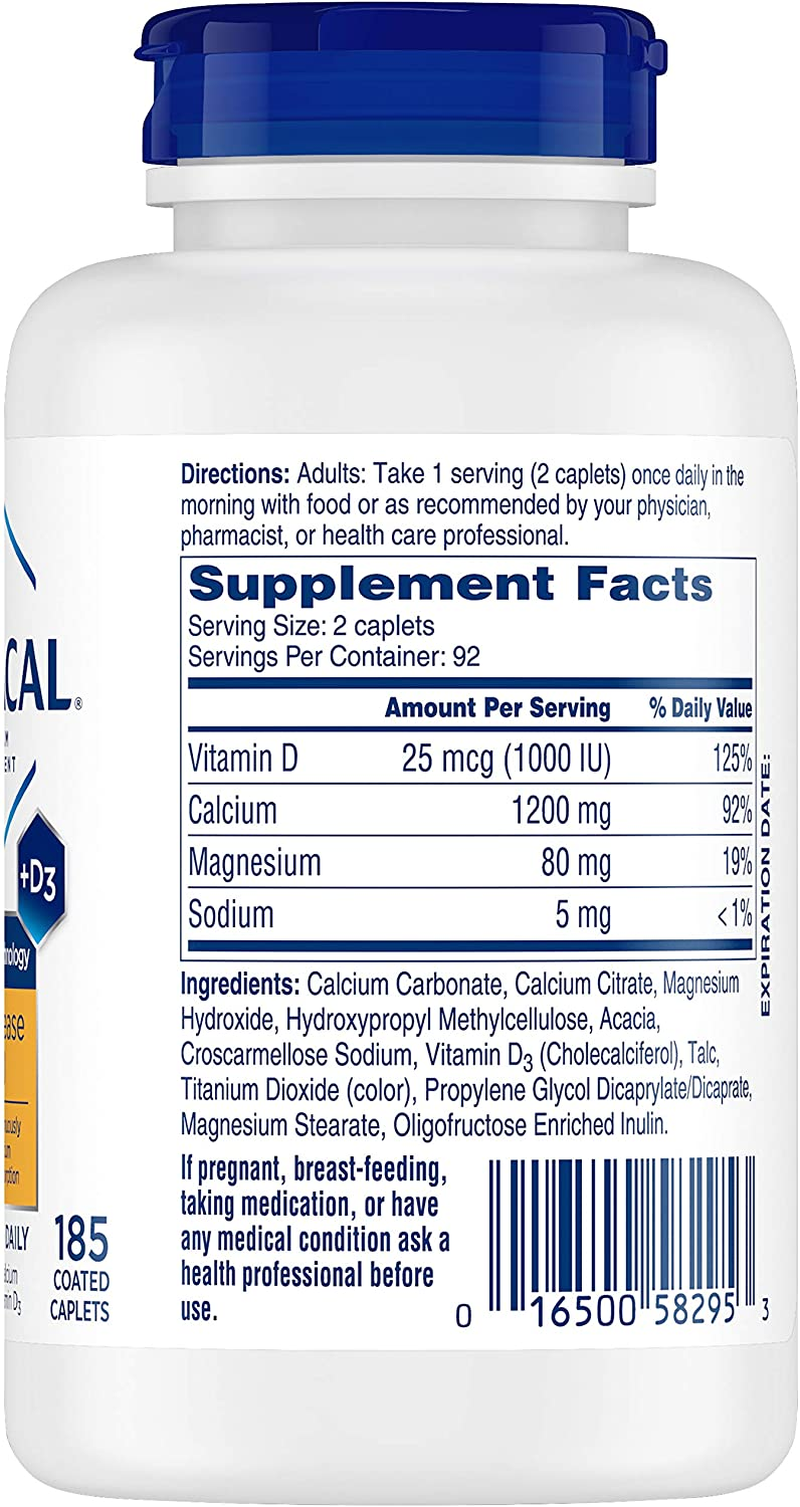 Slow Release 1200, 1200 Mg Calcium Citrate and Calcium Carbonate Blend with 1000 IU Vitamin D3, Bone Health Supplement for Adults, Once Daily Caplets, 185 Count