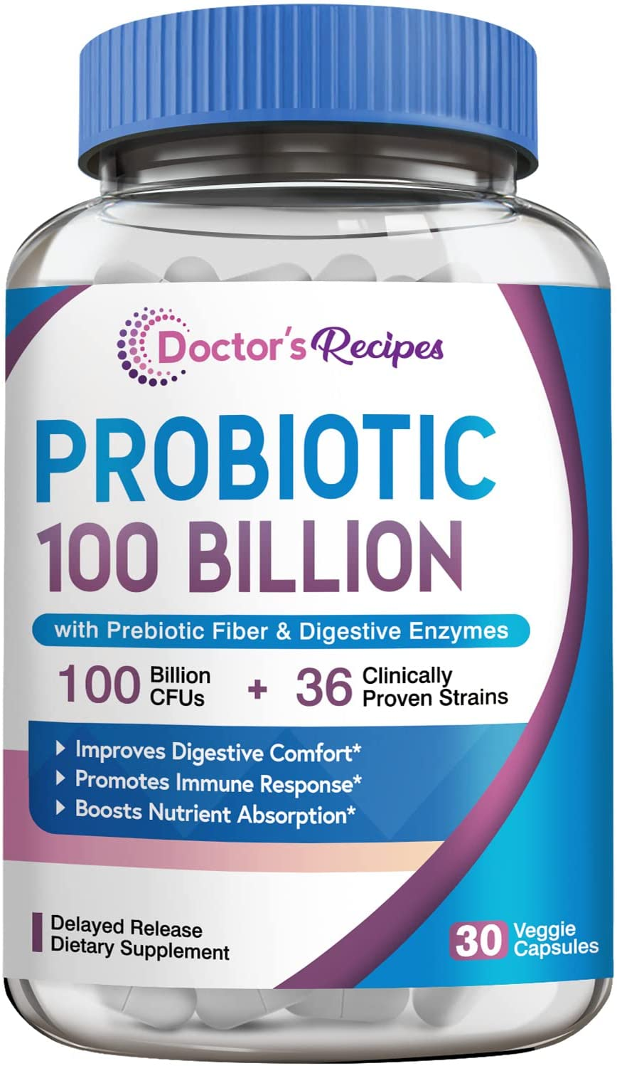 Probiotics for Women & Men, 30 Caps 100 Billion CFU 36 Strains, with Organic Prebiotic Fiber & Enzymes, Digestive Immune Absorption, Shelf Stable, Delayed Release, No Soy Gluten Dairy