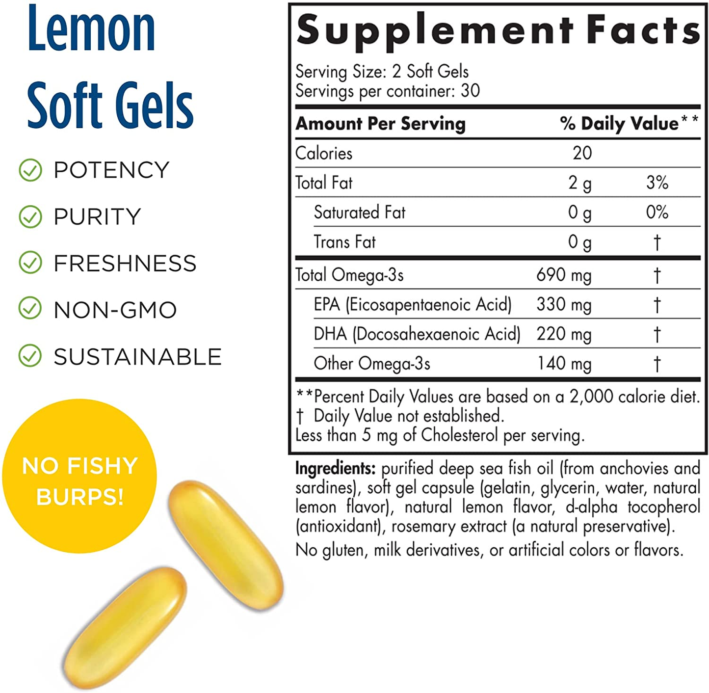 Omega-3, Lemon Flavor - 690 Mg Omega-3-60 Soft Gels - Fish Oil - EPA & DHA - Immune Support, Brain & Heart Health, Optimal Wellness - Non-Gmo - 30 Servings