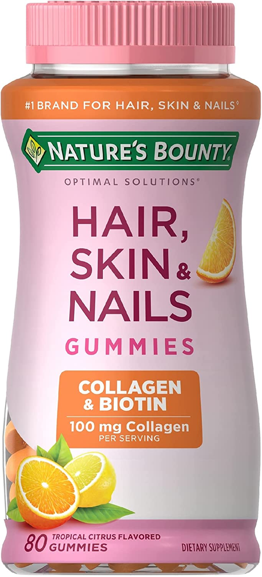 Nature'S Bounty Hair, Skin & Nails with Biotin and Collagen, Citrus-Flavored Gummies Vitamin Supplement, Supports Hair, Skin, and Nail Health for Women, 2500 Mcg, 80 Count