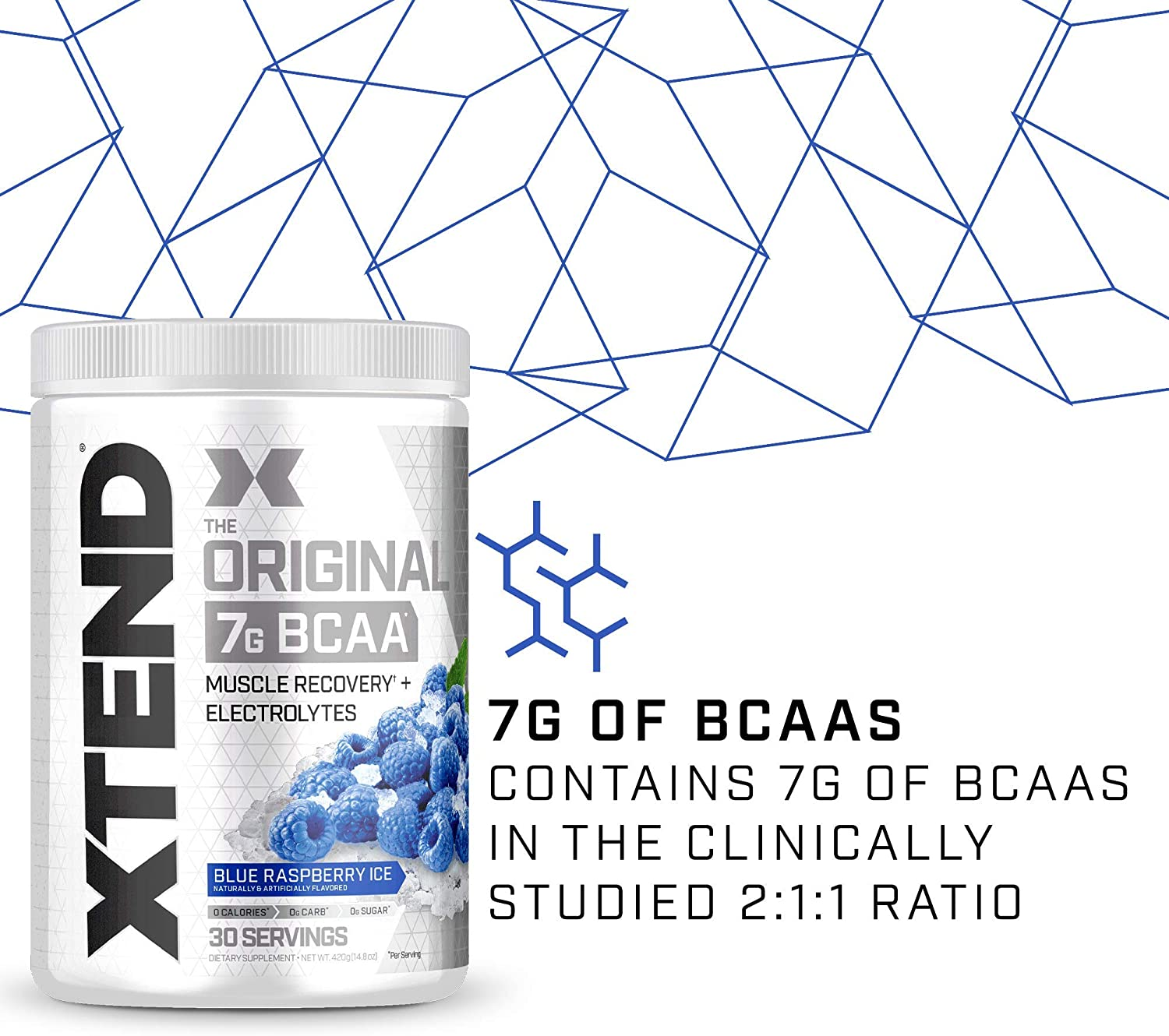 Original BCAA Powder Blue Raspberry Ice - Sugar Free Post Workout Muscle Recovery Drink with Amino Acids - 7G Bcaas for Men & Women - 30 Servings