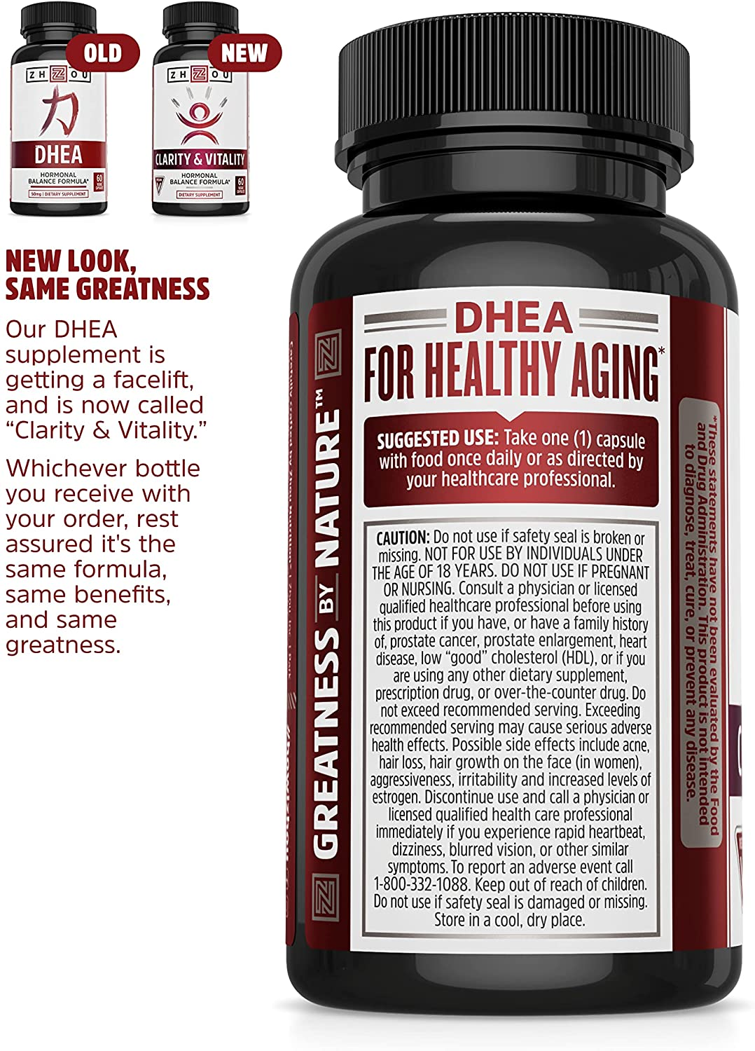 Zhou Clarity and Vitality (Formerly DHEA) 50 Mg, Hormonal Balance Formula for Women & Men, Healthy Aging, Non-Gmo, Vegan, Gluten Free, 60 Capsules