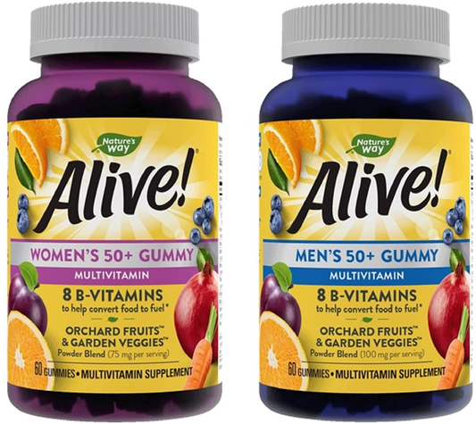 Nature’S Way Alive! Women’S and Men’S 50+ Gummy Multivitamins, B-Vitamins, Delicious Flavors, 60 Gummies per Bottle