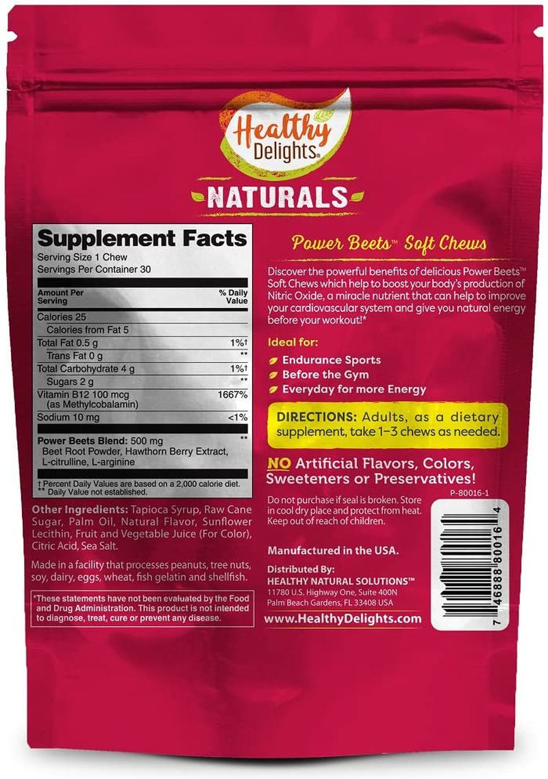 Healthy Delights Naturals Power Beets Soft Chews, Delicious Strawberry Burst, Concentrated Superfood Supplement, Supports Circulation, Natural Energy & Stamina, 30 Count