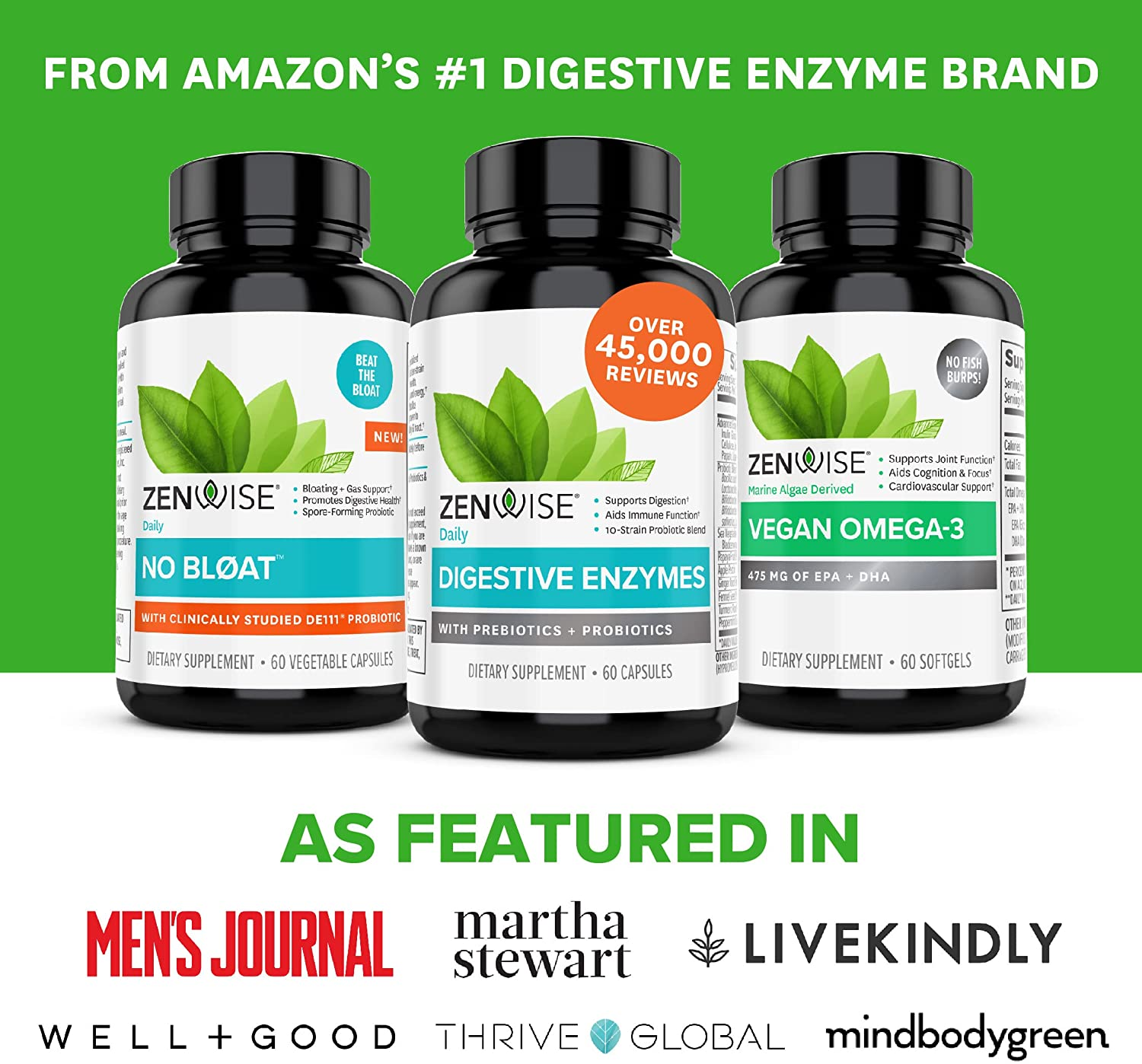 Zenwise No Bloat Supplement with Probiotics, Turmeric, and Digestive Enzymes - Bloating and Gas Relief - Ginger, Dandelion, and Cinnamon to Improve Digestion for Women & Men - Vegan Formula - 60 Count