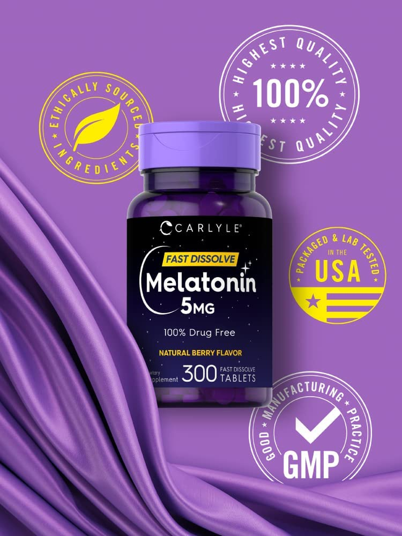 Melatonin 5 Mg Fast Dissolve 300 Tablets | Drug Free Aid | Natural Berry Flavor | Vegetarian, Non-Gmo