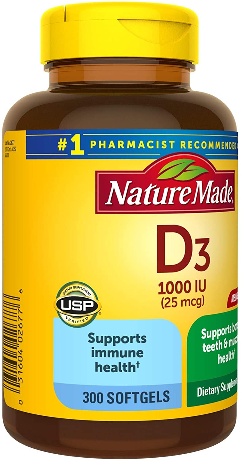 Vitamin D3, 300 Softgels, Vitamin D 1000 IU (25 Mcg) Helps Support Immune Health, Strong Bones and Teeth, & Muscle Function, 125% of the Daily Value for Vitamin D in One Daily Softgel