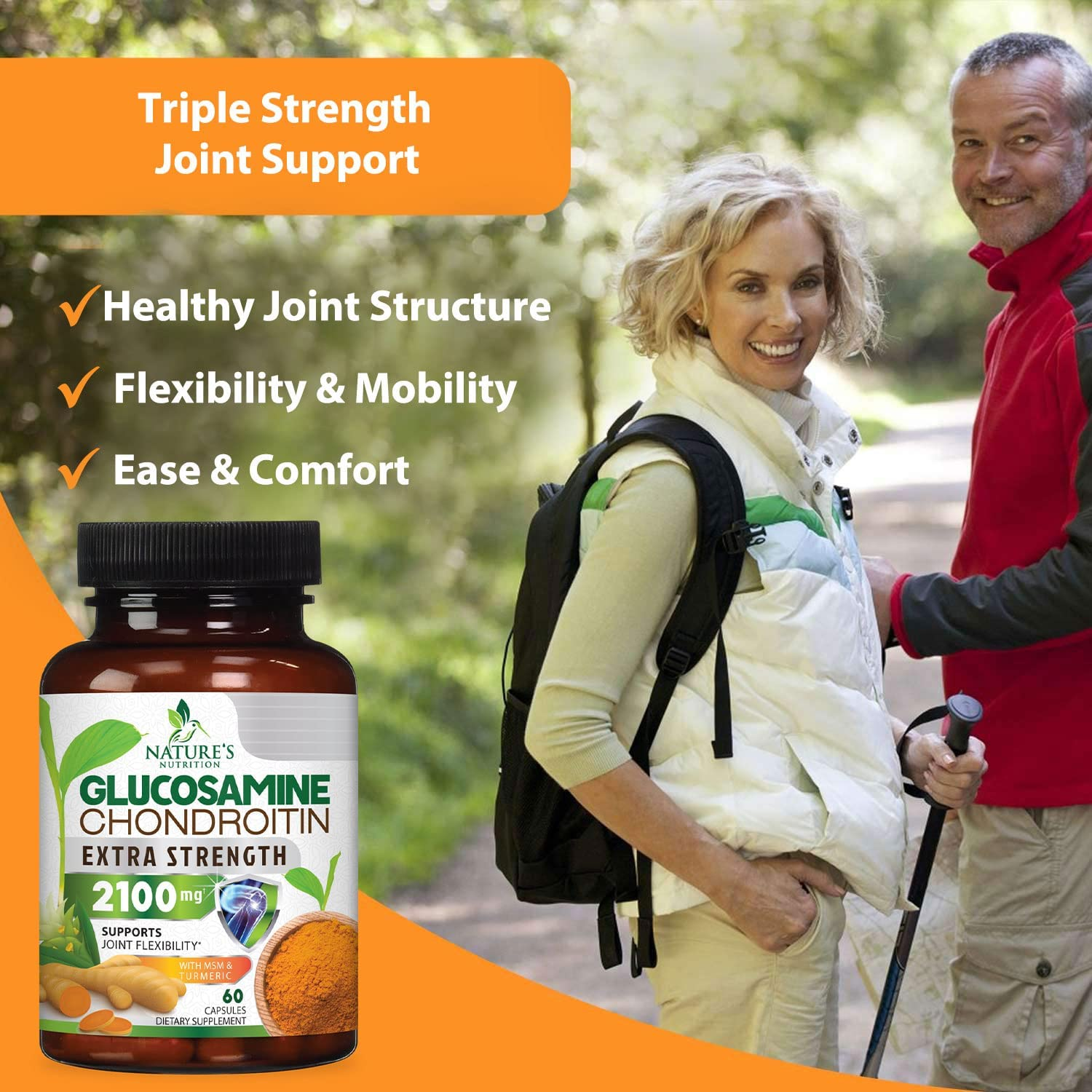 Glucosamine with Chondroitin Turmeric Supplement, Triple Strength Standardized 2100Mg with Boswellia & Bromelain - for Joint Support & Comfort - 60 Capsules