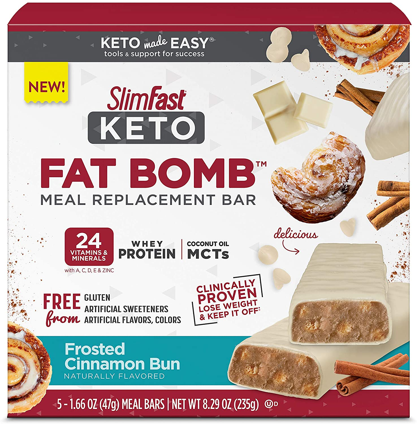 Keto Fat Bomb Meal Replacement Whey Protein Bar, Frosted Cinnamon Bun, Low Carb with 7G Protein, 5 Count Box