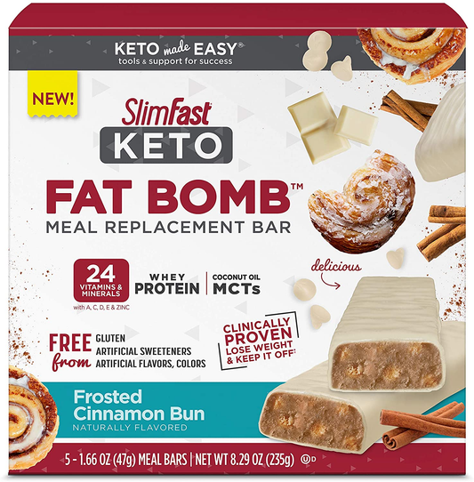 Keto Fat Bomb Meal Replacement Whey Protein Bar, Frosted Cinnamon Bun, Low Carb with 7G Protein, 5 Count Box