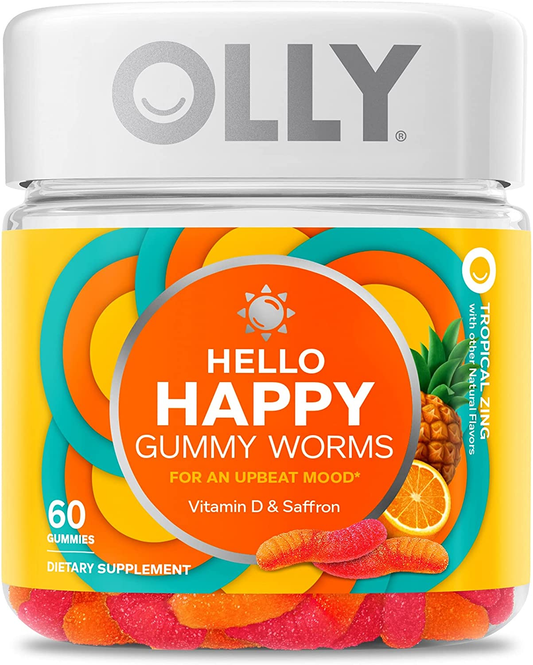 Hello Happy Gummy Worms, Mood Balance Support, Vitamin D, Saffron, Adult Chewable Supplement, Tropical Zing - 60 Count