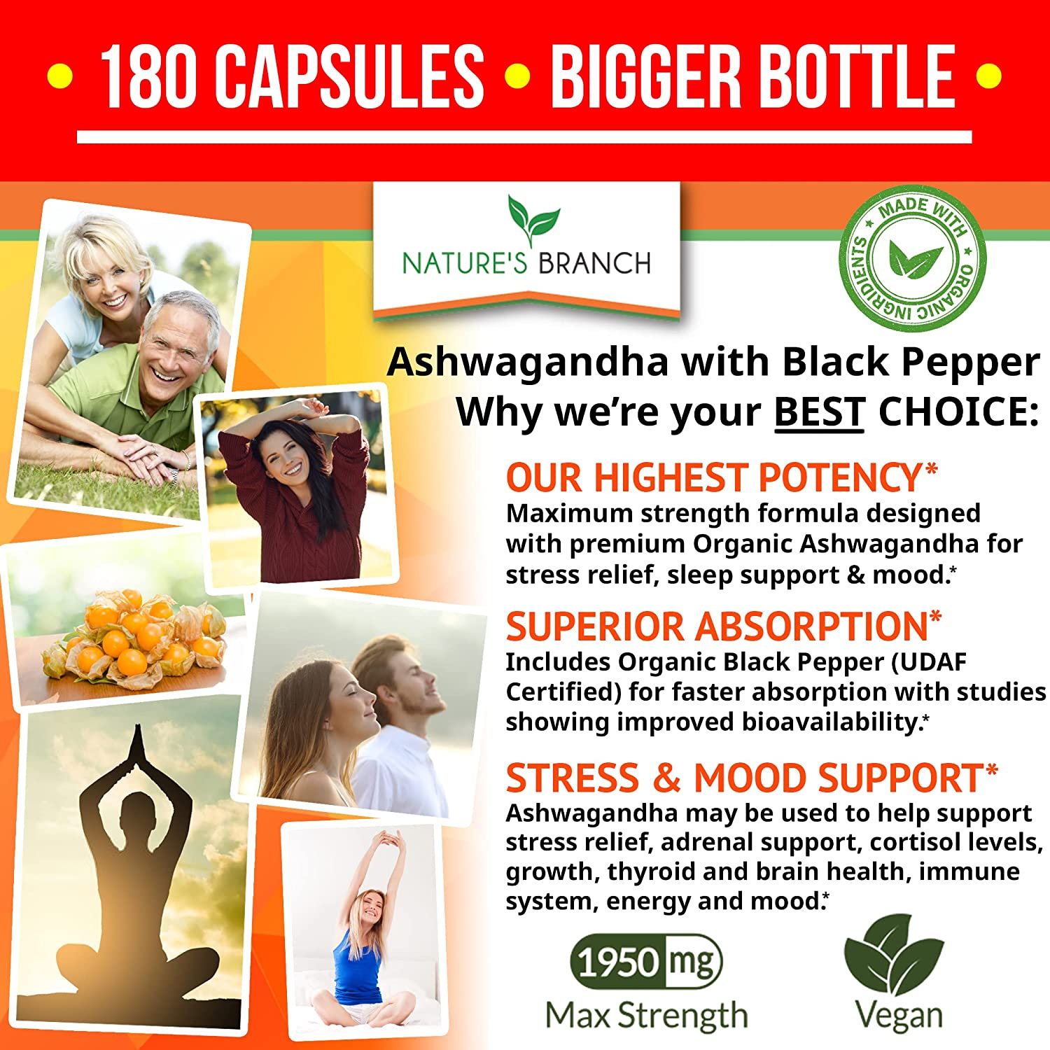 Organic Ashwagandha with Black Pepper - 180 Capsules - 1950Mg Maximum Strength for Stress and Mood Support, Sleep, Thyroid, Energy, Hair Pure Root Extract Powder - Vegan Supplements for Men and Women