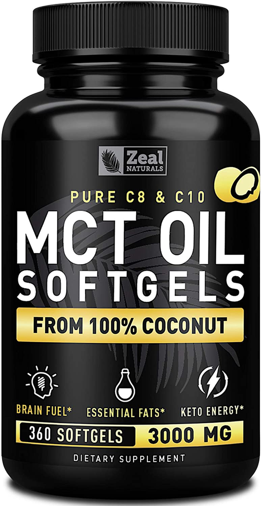 Pure MCT Oil Capsules (360 Softgels | 3000Mg) 4 Month Supply MCT Oil Keto Pills W Unrefined Coconut Oil - C10 & C8 MCT Oil Coconut Oil Capsules - Keto Brain Fuel, Keto Energy, Octane Oil Ketosis Pills