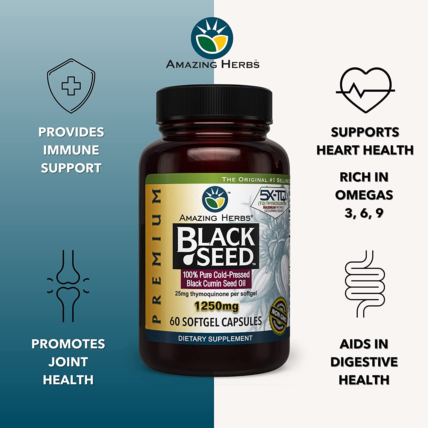 Premium Black Seed Oil Capsules - High Potency, Cold Pressed Nigella Sativa Aids in Digestive Health, Immune Support & Brain Function - 60 Count, 1250Mg