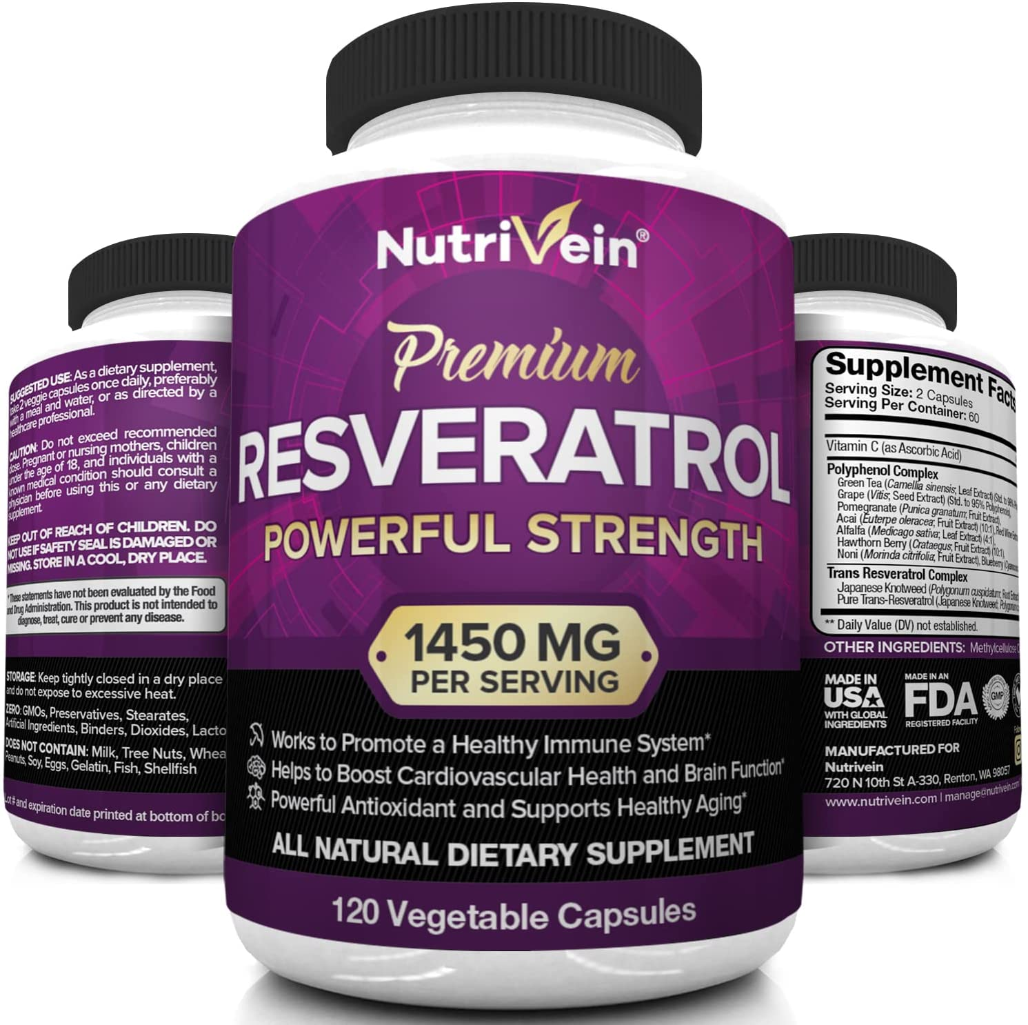 Resveratrol 1450Mg - Antioxidant Supplement 120 Capsules – Supports Healthy Aging and Promotes Immune, Brain Boost and Joint Support - Made with Trans-Resveratrol, Green Tea Leaf, Acai Berry