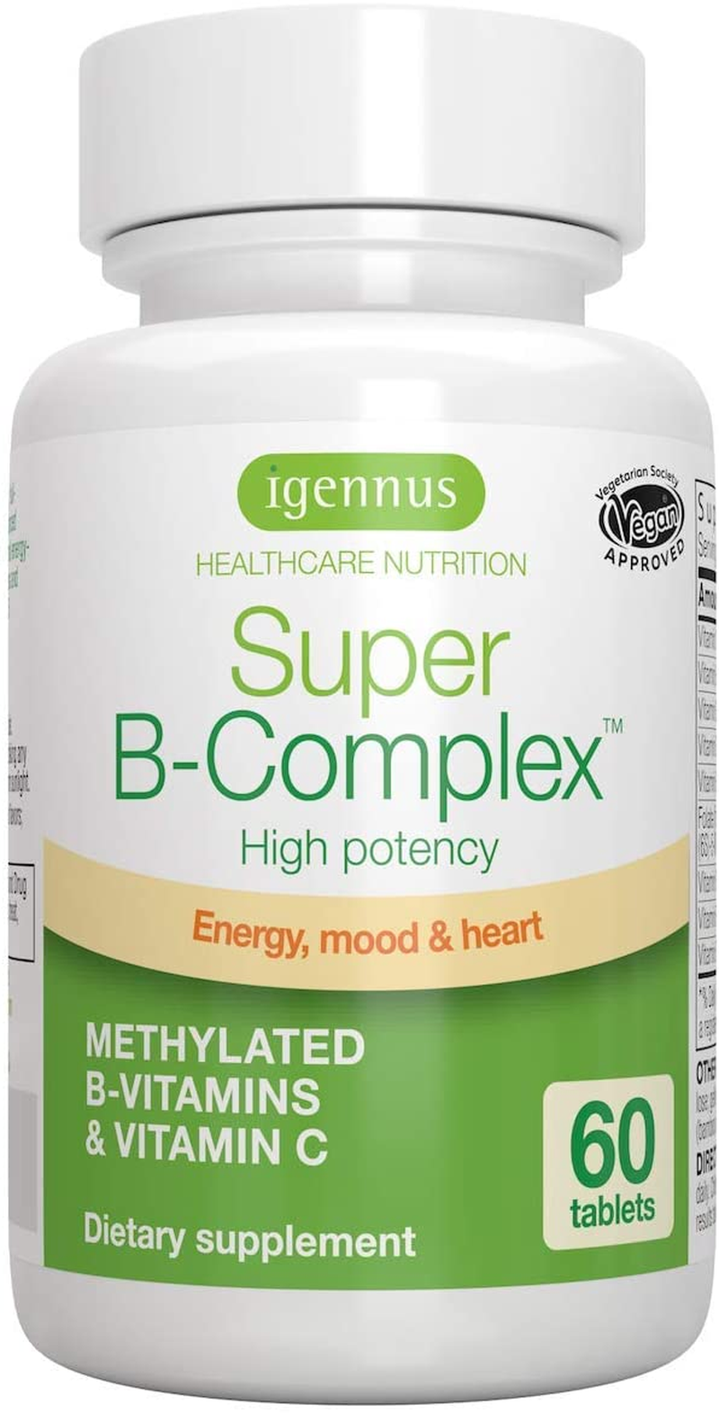 Super B-Complex – Methylated Sustained Release B Complex & Vitamin C, Folate & Methylcobalamin, Vegan, 60 Small Tablets