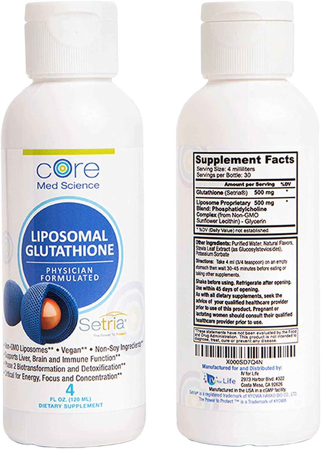 Liposomal Glutathione by Core Med Science - 500Mg - 4 Fl Oz - Setria® - Antioxidant Supplement - Made in USA