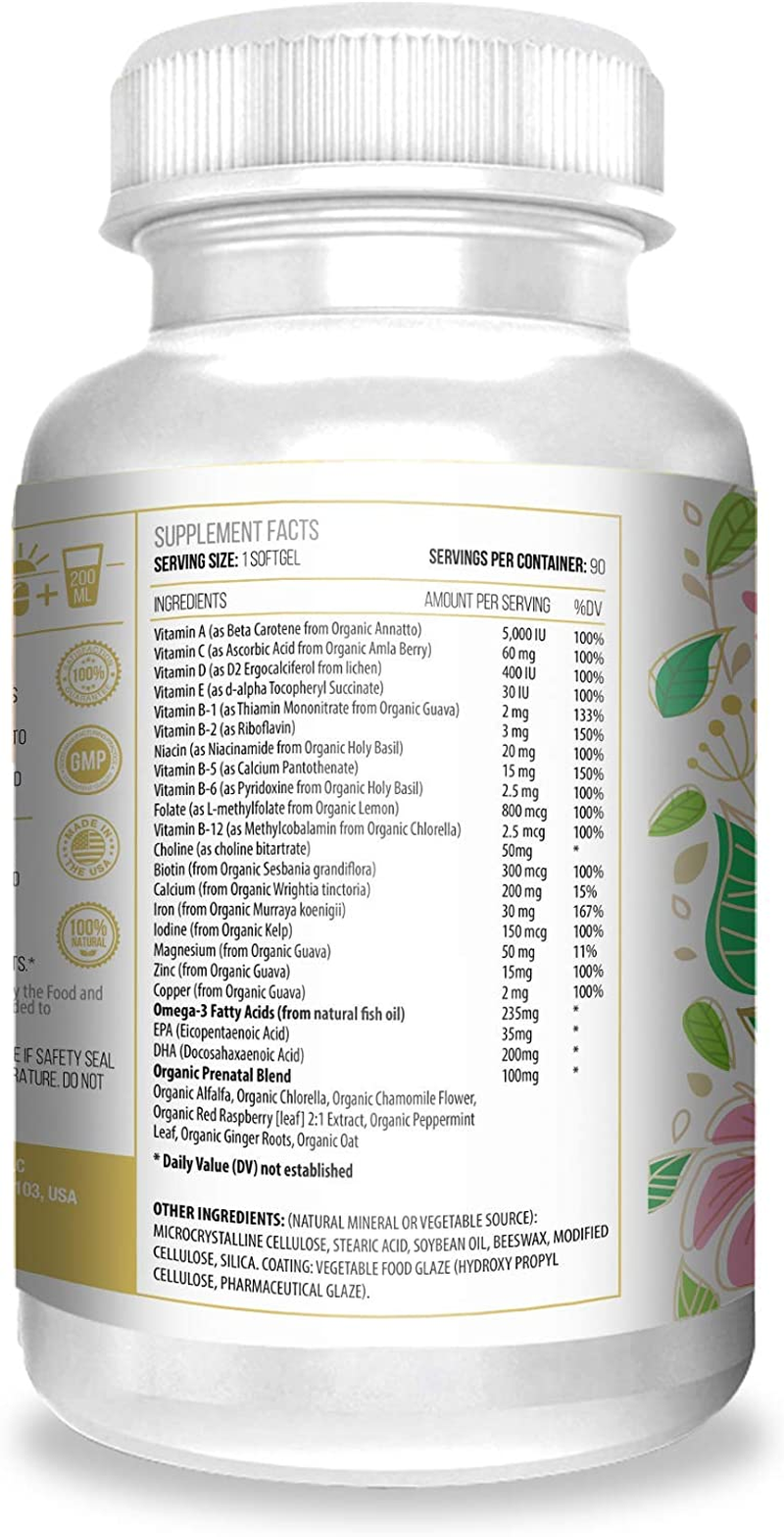 Organic Prenatal Vitamin with 25+ Organic Vitamins, 100% Natural, DHA, EPA, Omega 3, and Organic Herbal Blend - Non-Gmo, 90 Count