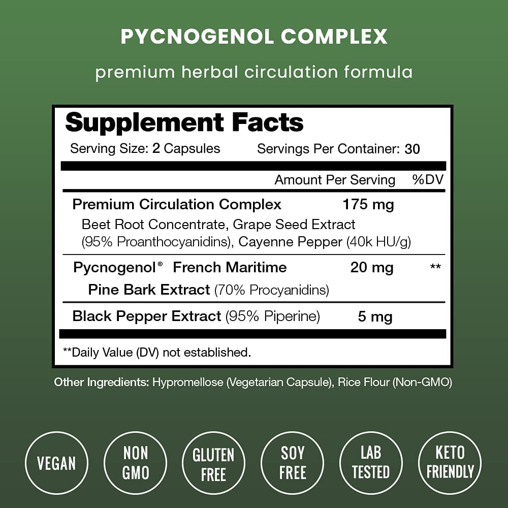 Pycnogenol Pine Bark - Premium Supplement with 200Mg Herbal Complex for Circulation, Blood Flow & Nitric Oxide Production - Superior Absorption & Results with Black Pepper Extract