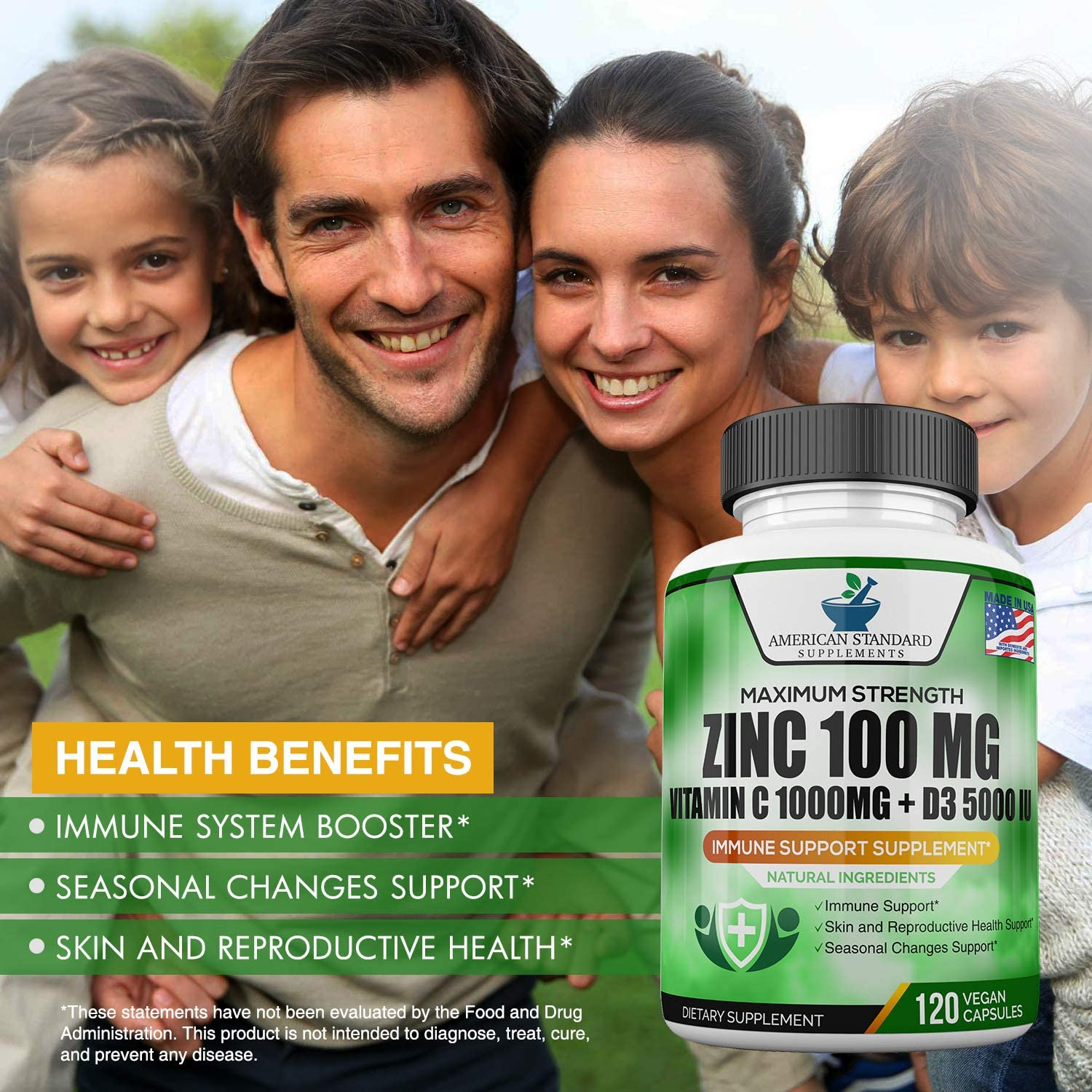 Zinc 100Mg, Vitamin C 1000Mg, Vitamin D 5000IU per Serving, Immune Support for Adults Kids, Immune System Booster Supplements, Non GMO, No Filler, No Stearate, 120 Vegan Capsules, 60 Day Supply