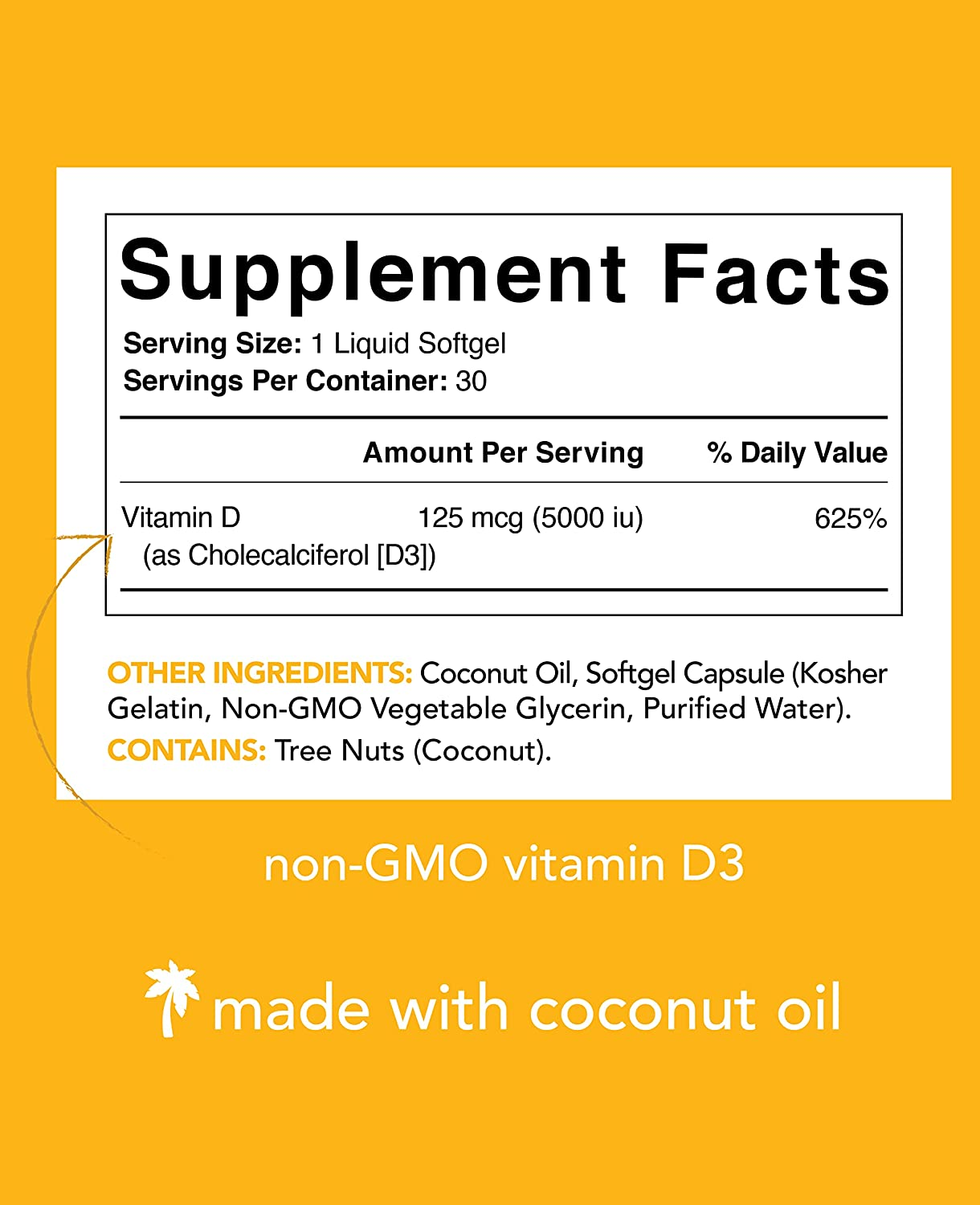 Vitamin D3 (5000Iu/125Mcg) Infused with Coconut Oil ~ Non-Gmo & Gluten Free (30 Softgels)