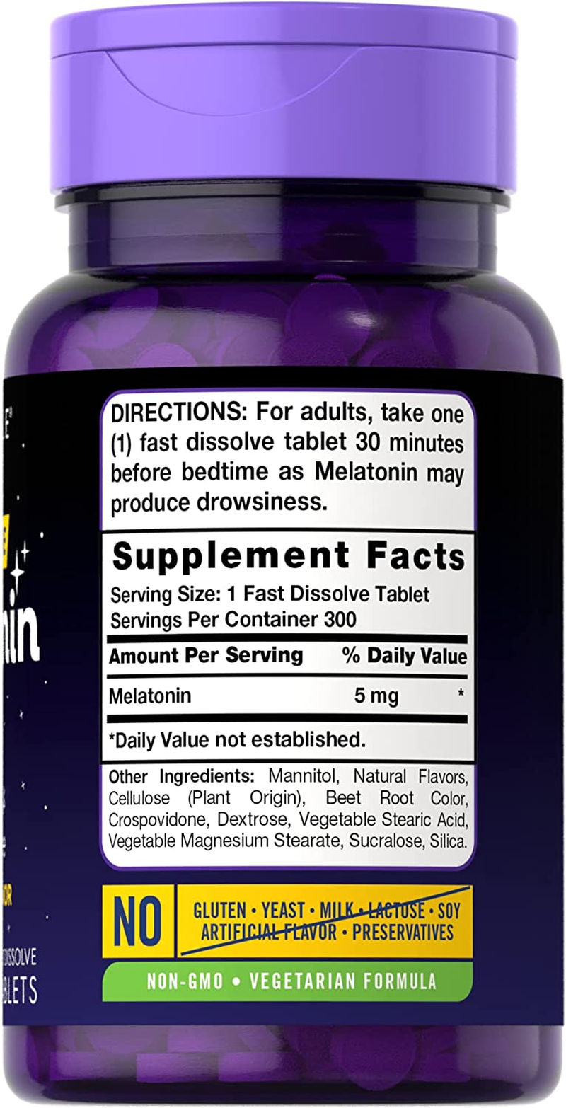 Melatonin 5 Mg Fast Dissolve 300 Tablets | Drug Free Aid | Natural Berry Flavor | Vegetarian, Non-Gmo