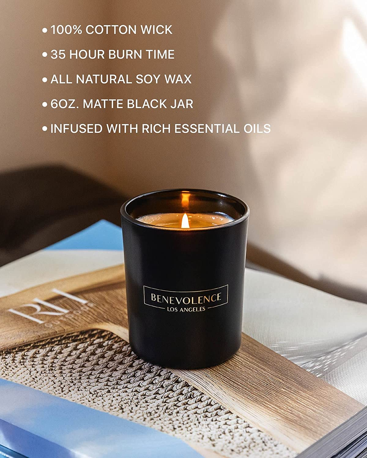 Premium Bergamot & Jasmine Candle | Highly Scented Candles for Home | 6 Oz 35 Hour Burn, All Natural Soy Candles | Aromatherapy Bergamot Candles with Matte Black Glass Gift Box