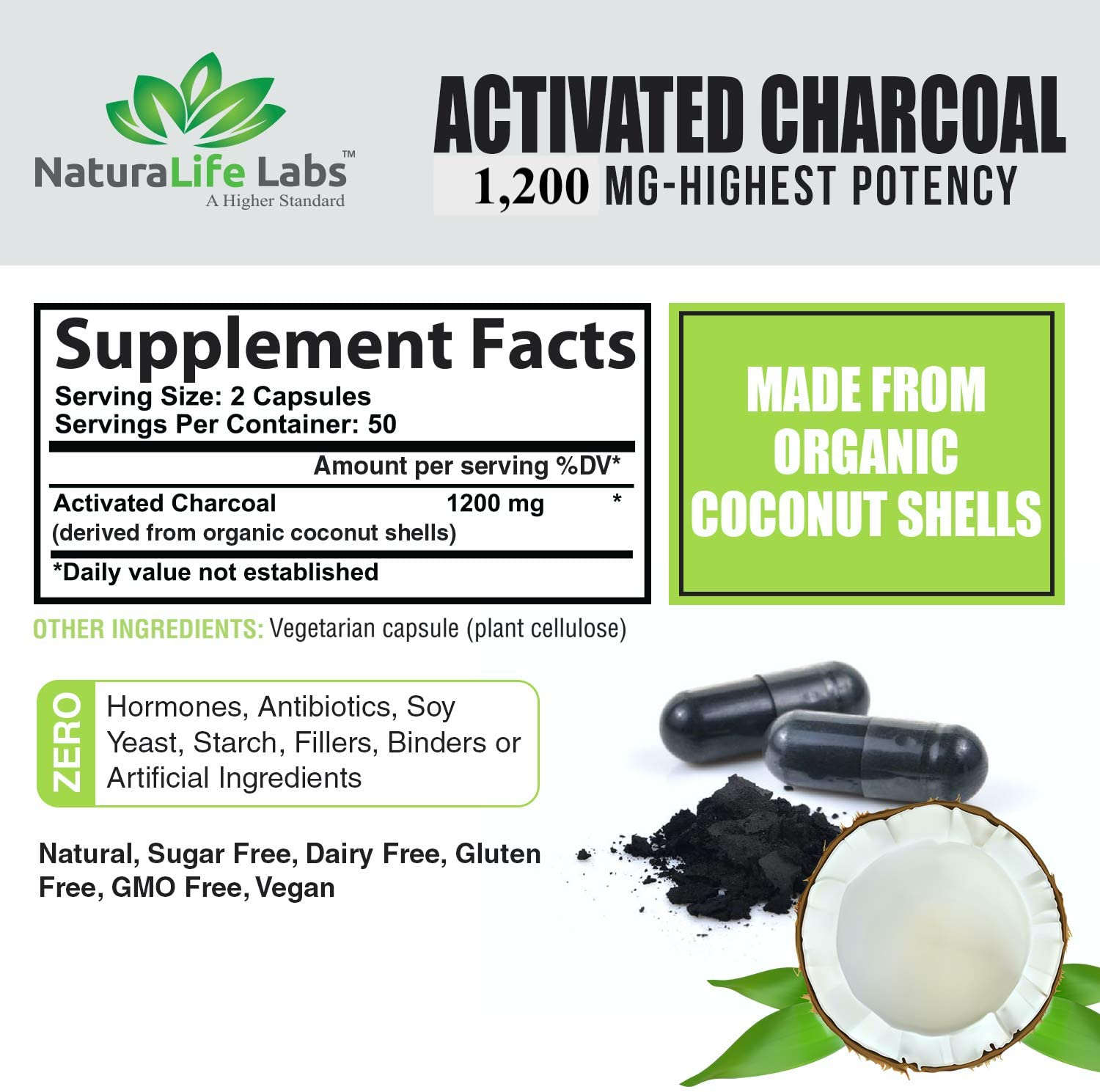 Activated Charcoal Capsules - 1,200 Mg Highly Absorbent Helps Alleviate Gas & Bloating Promotes Natural Detoxification Derived from Coconut Shells - per Serving - 100 Vegan Capsules