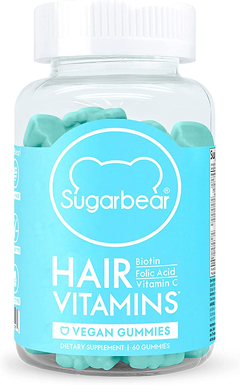 Sugarbear Vegan Hair Gummy Vitamins with Biotin, Vitamin C, Vitamin B-12, Zinc for Hair Skin & Nails (1 Month Supply)