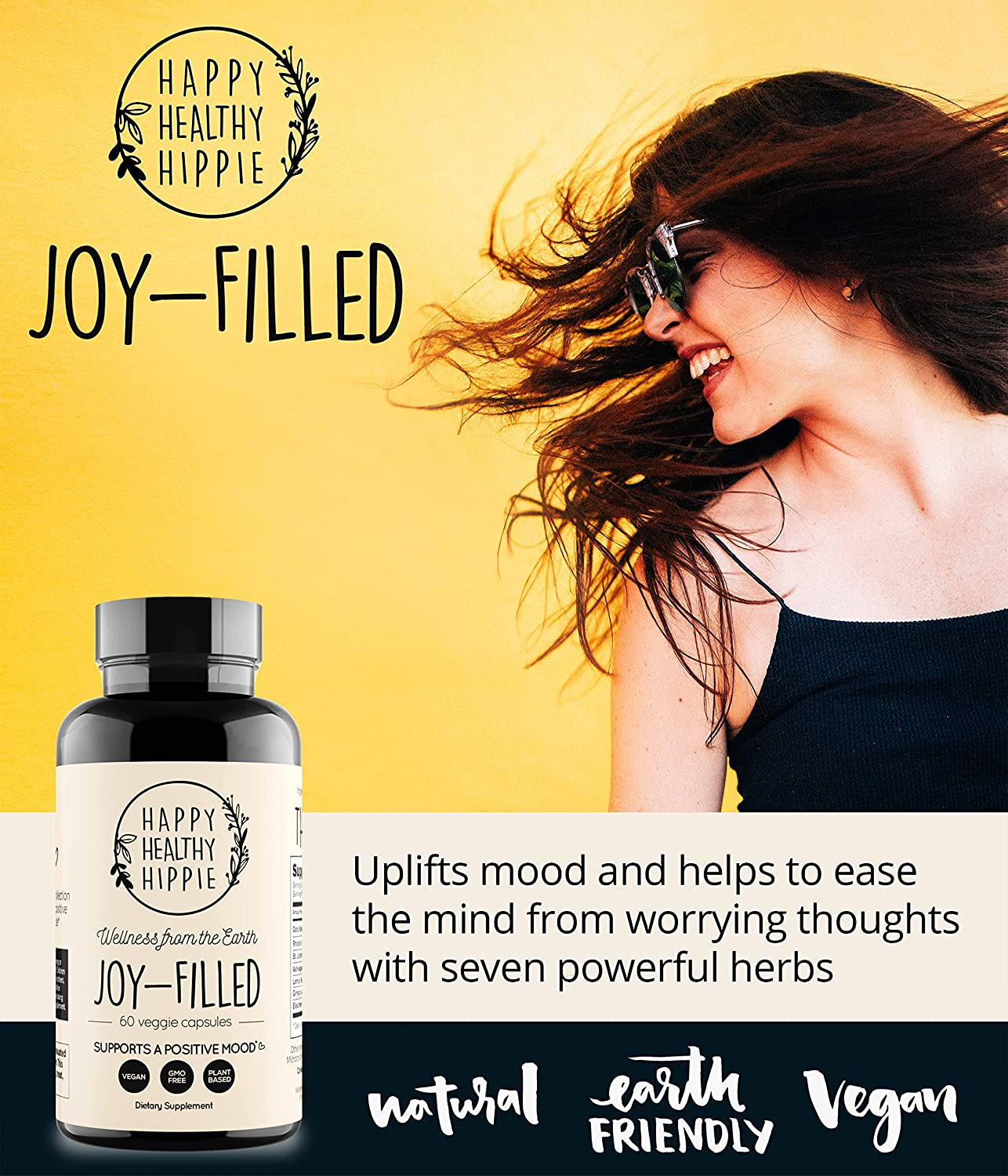 Joy-Filled | Helps Relax the Mind and Body, Boosts Mood, Relieves Tension & Worries | 100% Plant-Based Supplement | Contains 7 Powerful Herbs, Non-Gmo, 60 Vegan Capsules