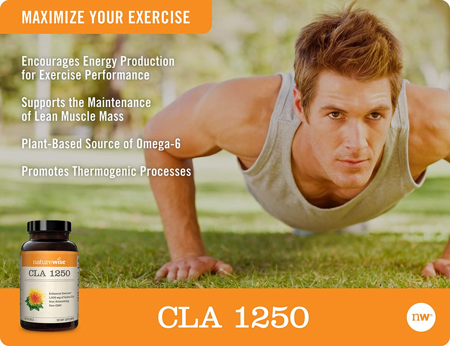 CLA 1250 Natural Exercise Enhancement (1-Month Supply), Support Lean Muscle Mass, Promote Energy, Non-Stimulating, Non-Gmo, Gluten-Free, & 100% Safflower Oil (Packaging May Vary) (90 Count)