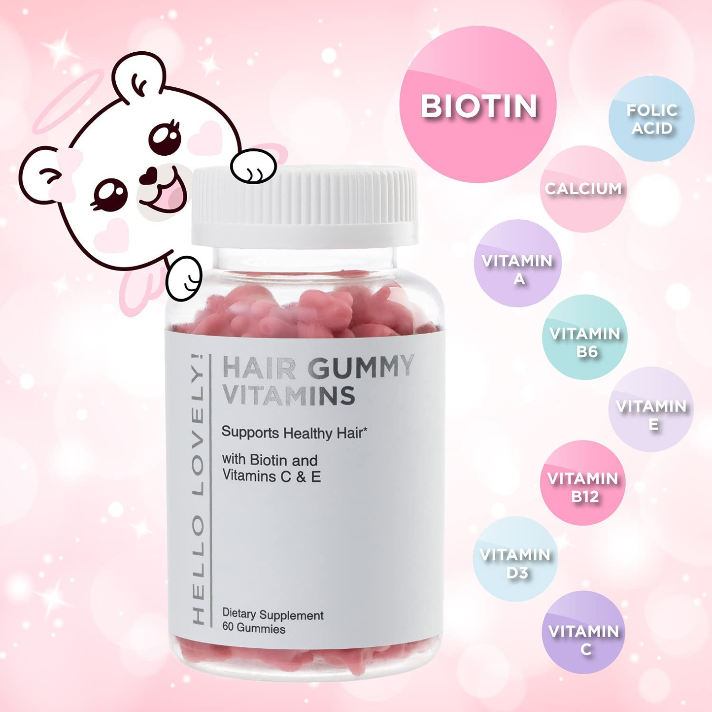 Hello Lovely Hair Vitamins Gummies with Biotin 5000 Mcg Vitamin E & C Support Hair Growth, Premium Vegetarian, Non-Gmo, for Stronger, Beautiful Hair & Nails, Red Berry Supplement - 60 Gummy Bears